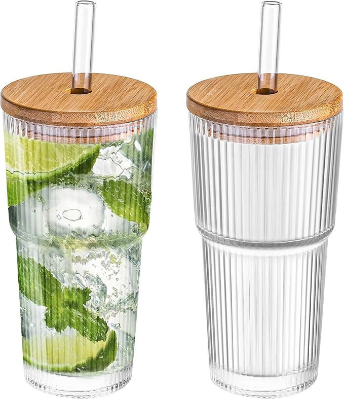 20 oz Ribbed Glass Tumblers with Bamboo Lids and Straws, 2 Pcs Wide Mouth Thickened Vintage Glass... | Amazon (US)