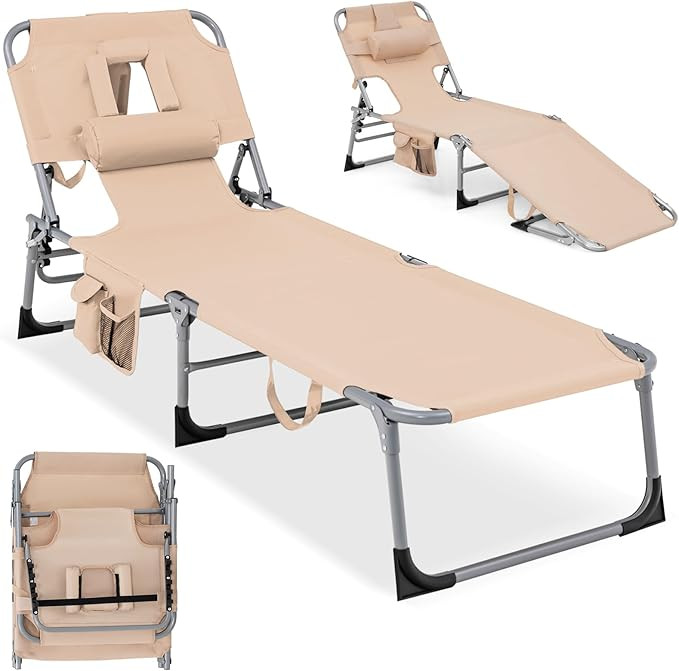 COSTWAY Folding Beach Lounge Chair, Tanning Chair with Face Hole, 5-Position Adjustable Backrest,... | Amazon (US)