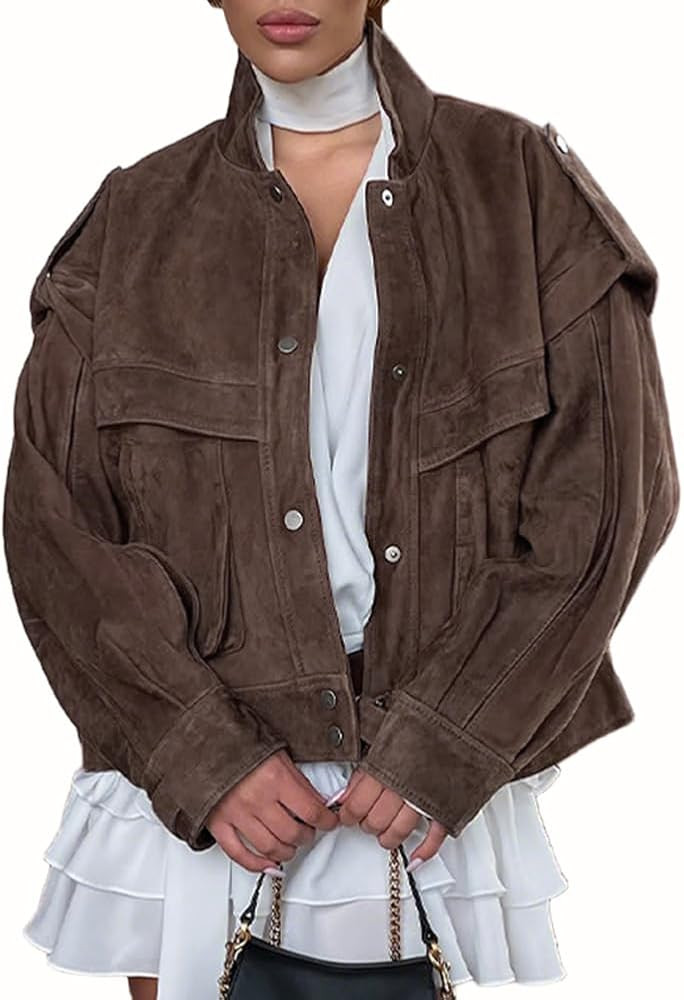 chouyatou Women's Fall Boyfriend Faux Suede Leather Jacket Oversized Business Casual Button Down ... | Amazon (US)