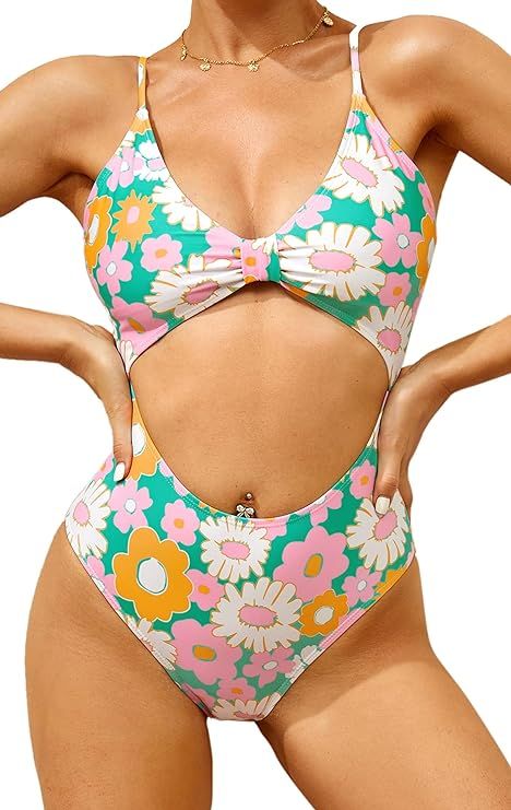 Coutgo Women's One Piece Swimsuits Sexy Cutout Floral Print Bathing Suit High Cut Monokinis | Amazon (US)