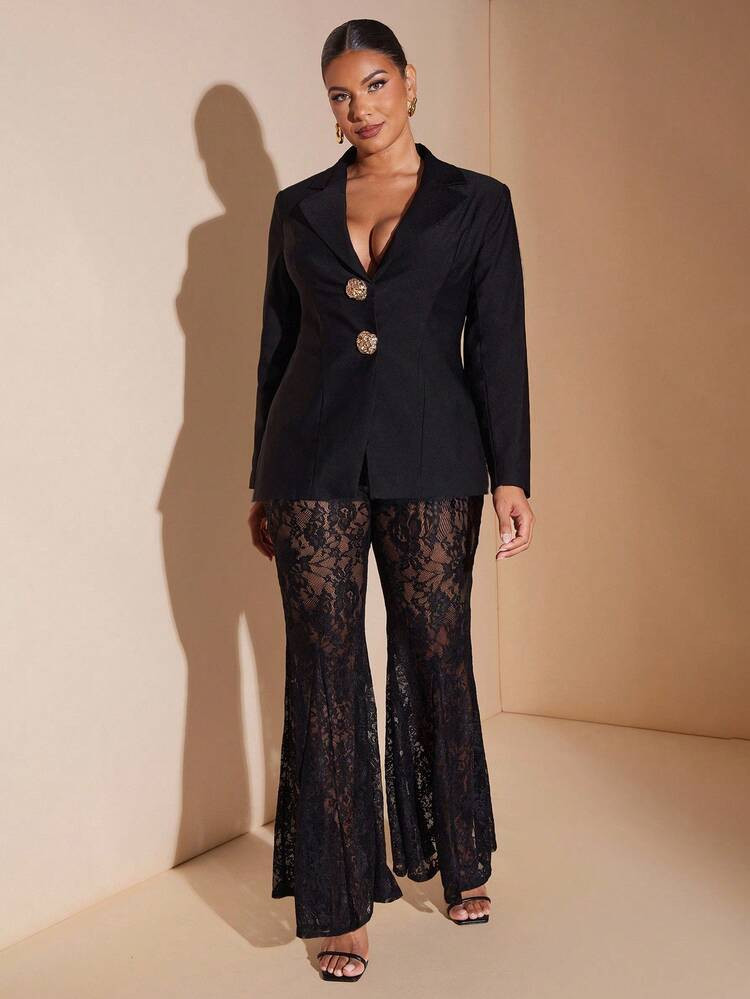 SHEIN BAE Plus Size Women Black Solid Color Sexy Lace Flared Pants, Suitable For Summer Music Festival Party, Beach Party, Rave, Festival/Winter /Fall/Halloween/Christmas/Elegant Party/Curvy Party | SHEIN
