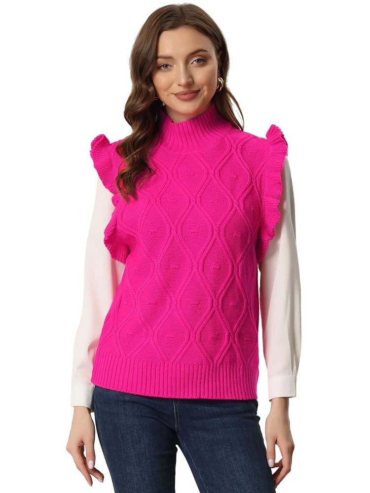 Allegra K Women's Ruffled Sleeve Mock Neck Casual Cable Knit Pullover Sweater Vest | Amazon (US)