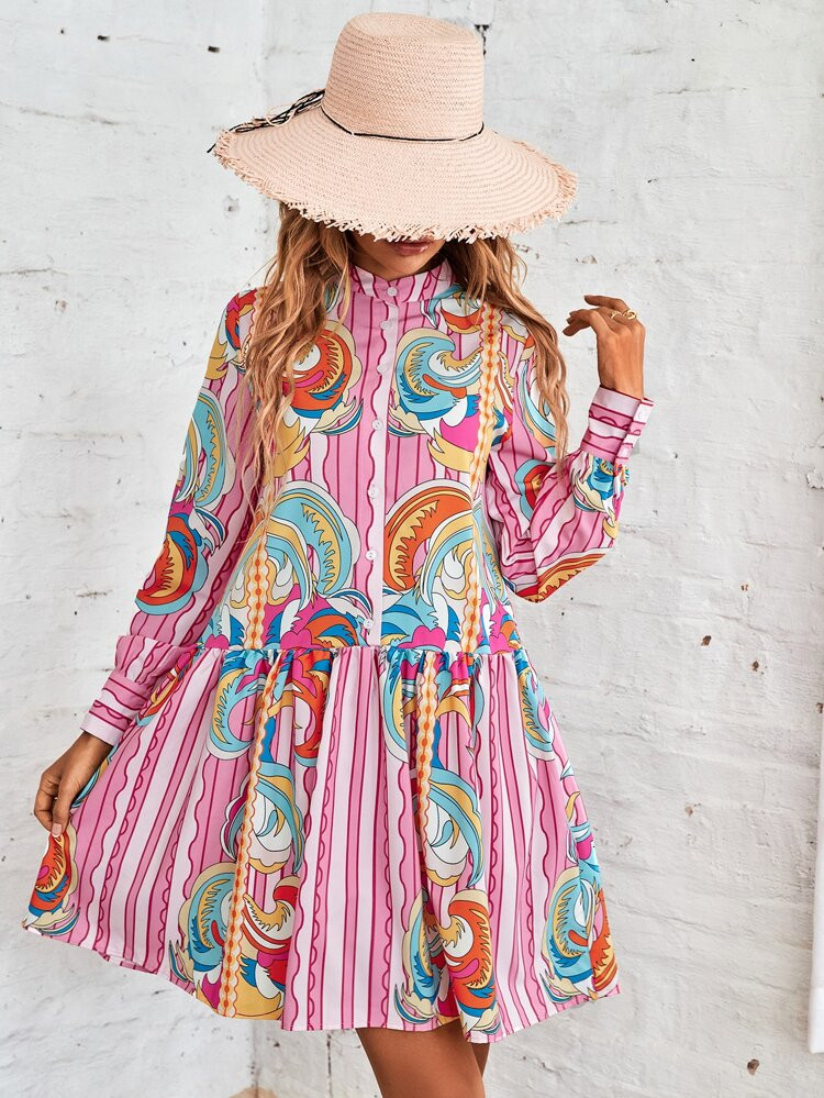 Striped And Scroll Print Half Button Smock Dress | SHEIN