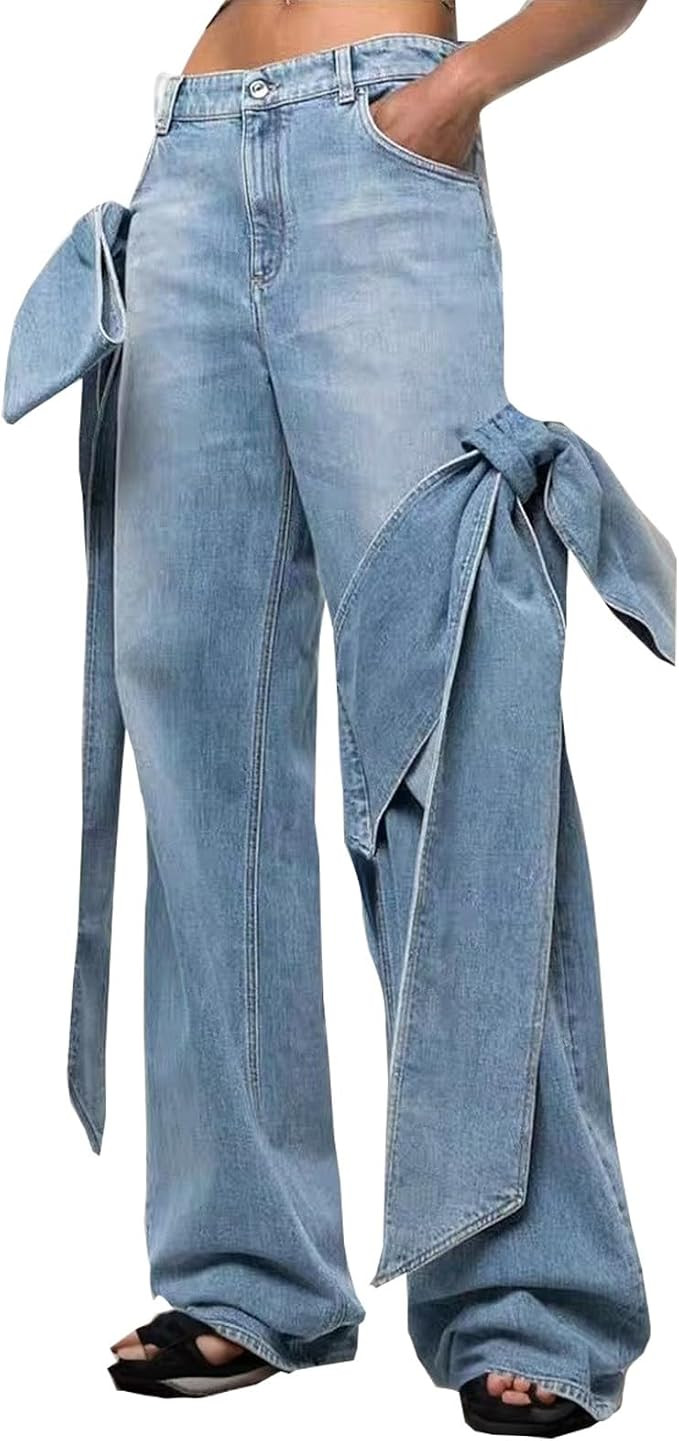 HGps8w Women's Chic Huge Bow Tie Straight Leg Jeans High Waisted Stretchy Lightweight Denim Pants... | Amazon (US)