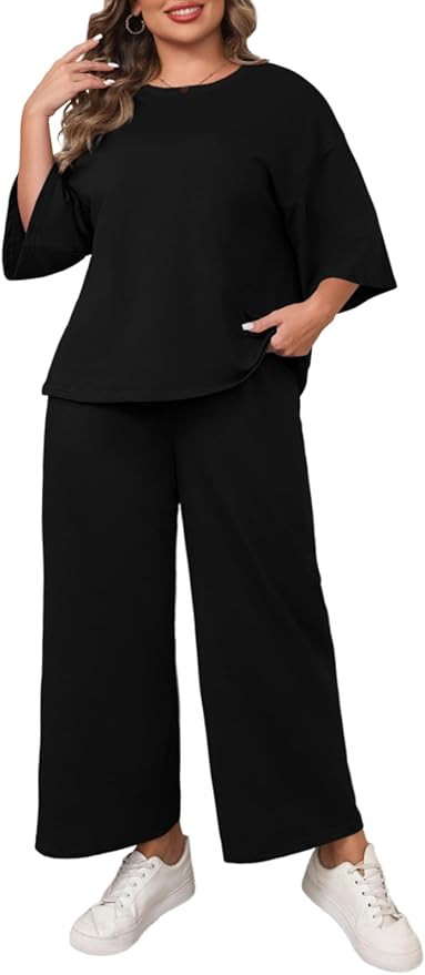Beautife Womens Plus Size 2 Piece Outfits 3/4 Sleeve Tops and Wide Leg Pants Loungewear Pajamas S... | Amazon (US)