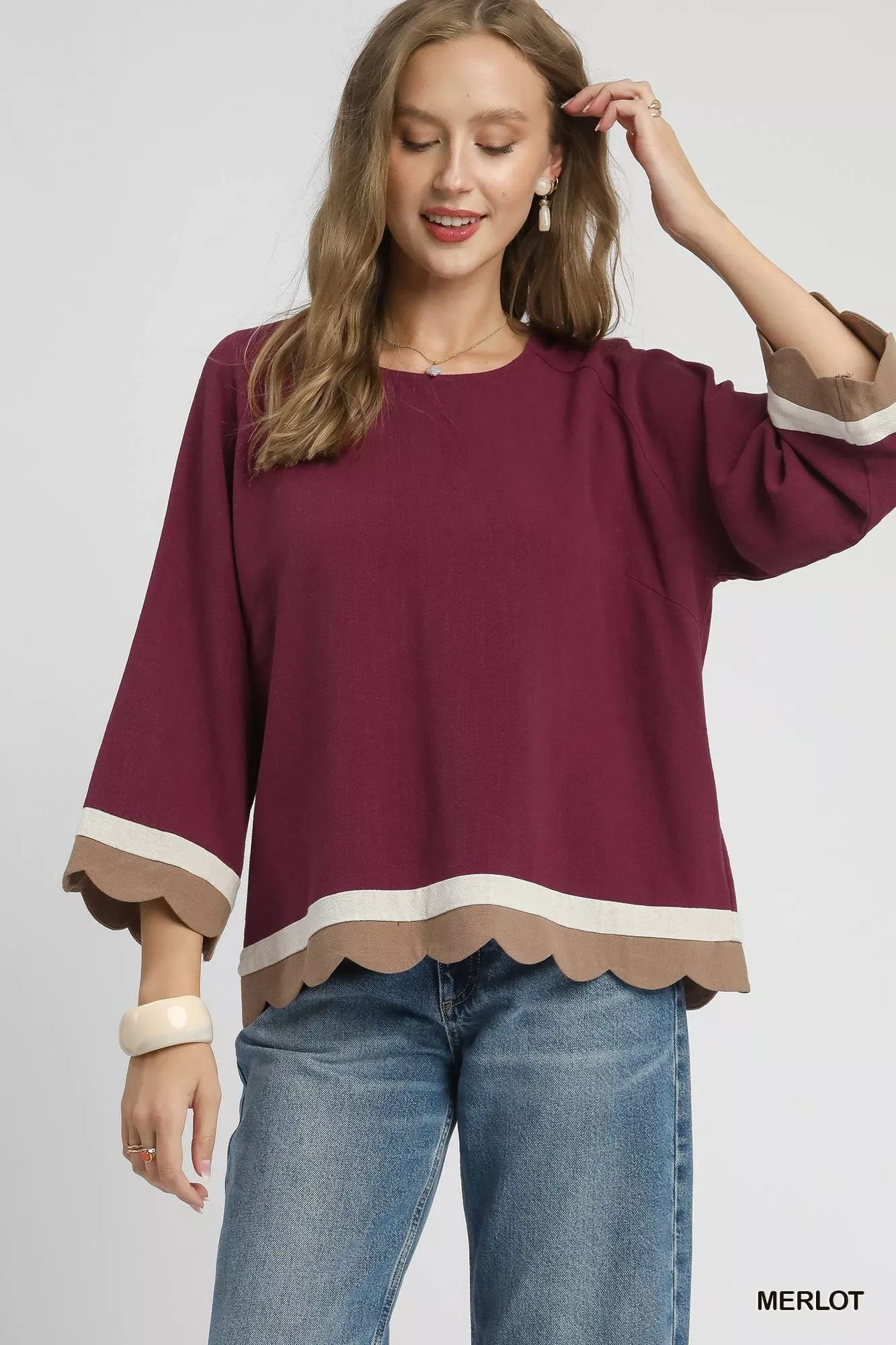 Umgee Scalloped Hem Color Block Top - Merlot | Walmart (US)