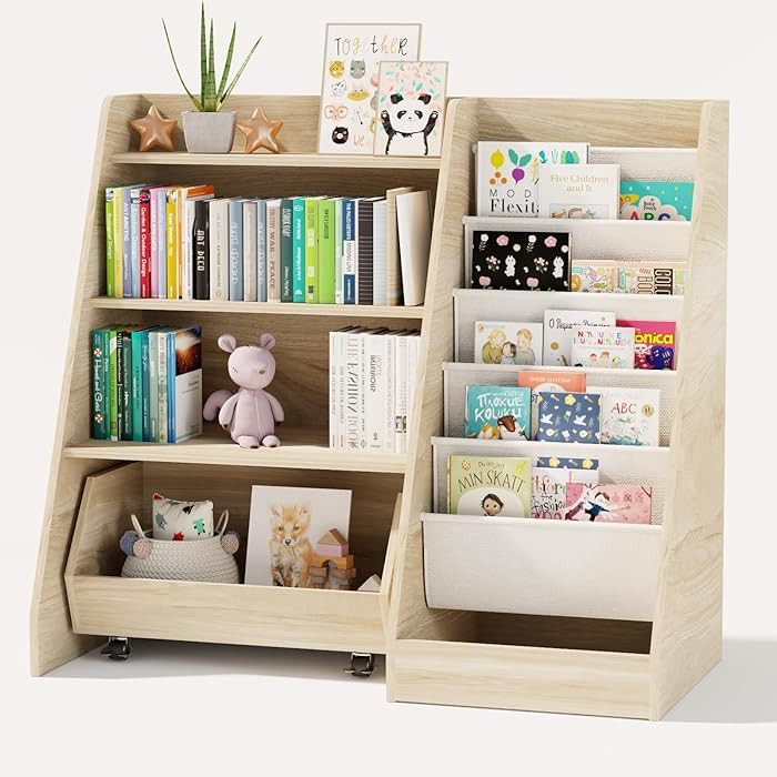COZPAW Kids Bookshelf and Toy Storage, 4 Tier Toddler Bookshelf with Movable Drawer (Oak) | Amazon (US)
