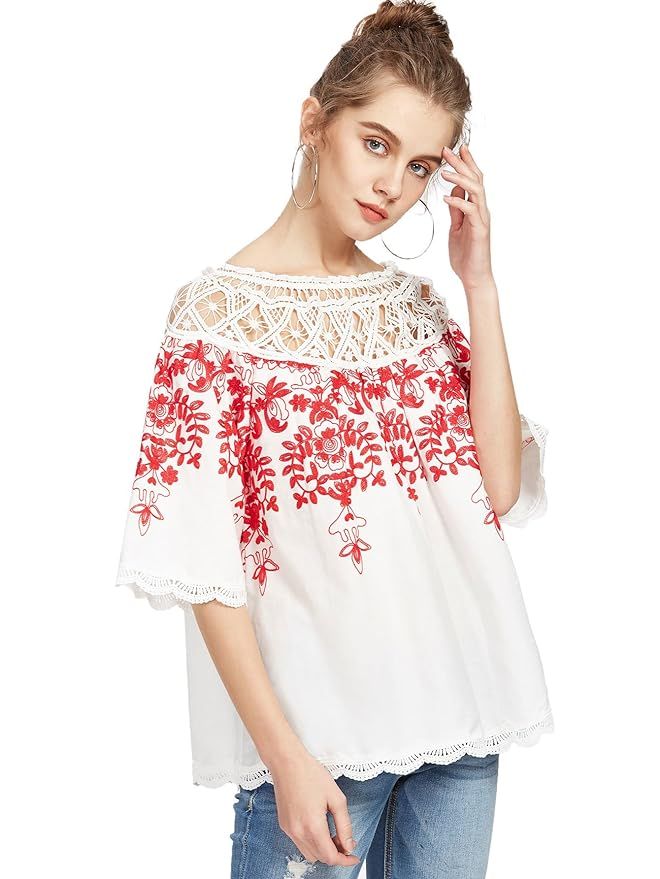 Romwe Women's Cold Shoulder Floral Embroidered Lace Scalloped Hem Blouse Top | Amazon (US)
