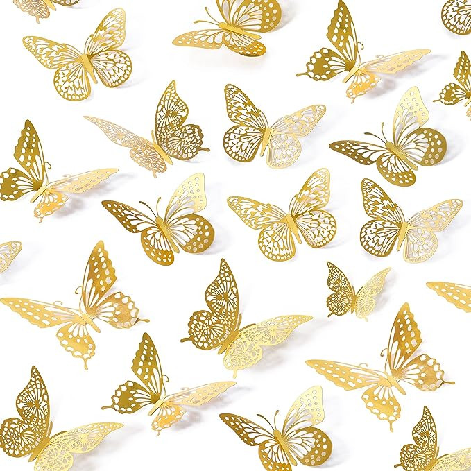SAOROPEB 3D Butterfly Wall Decor - 48 Pcs, 4 Styles, 3 Sizes, Gold Butterfly Decorations for Birt... | Amazon (US)