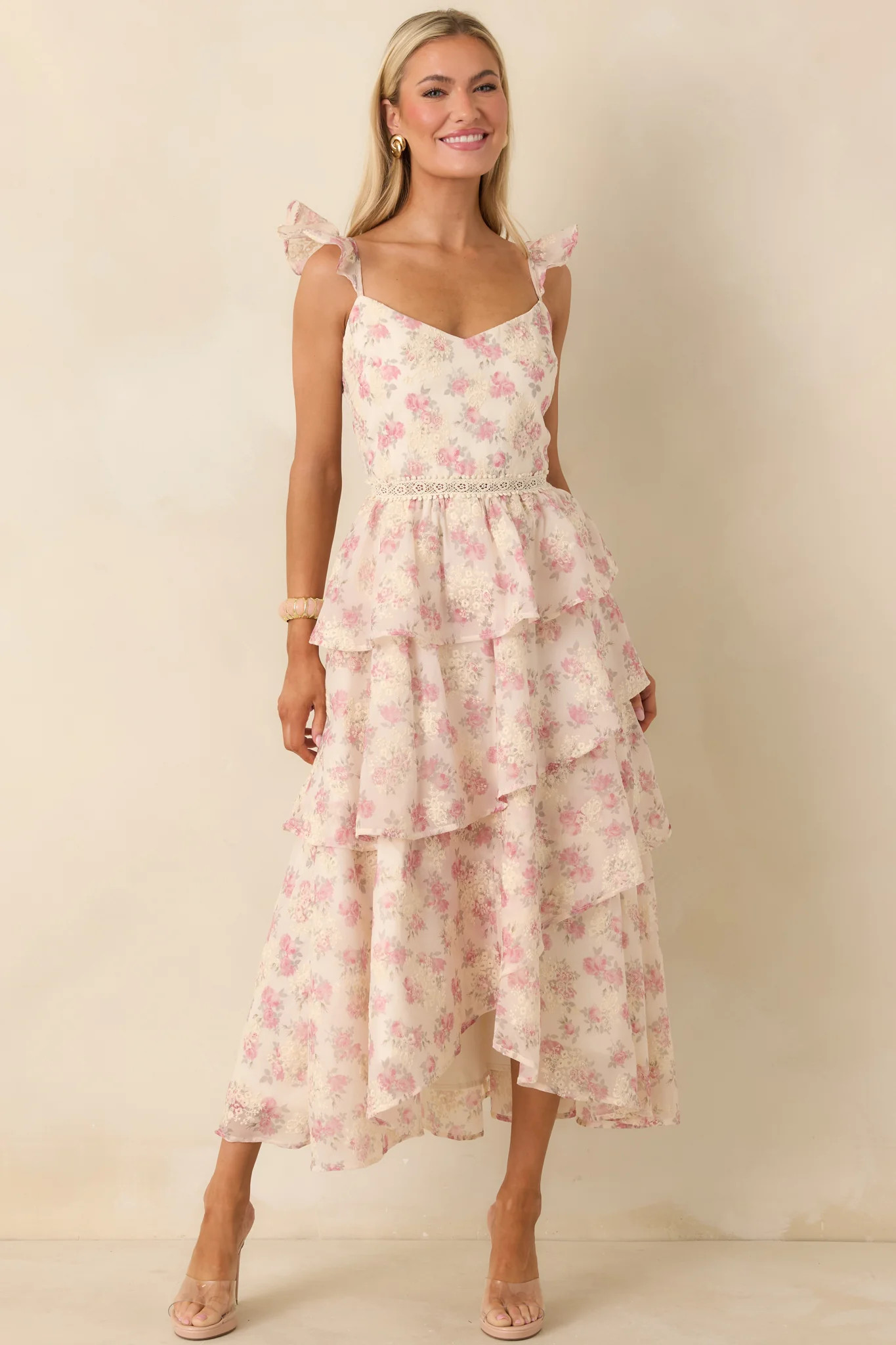 Blissful Garden Light Pink Floral Flutter Sleeve Maxi Dress | Red Dress