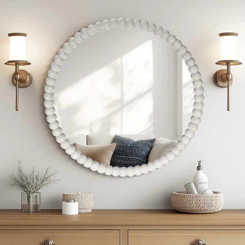 Wood Framed Beaded Decorative Round Mirror for Bathroom,Bedroom | Wayfair North America