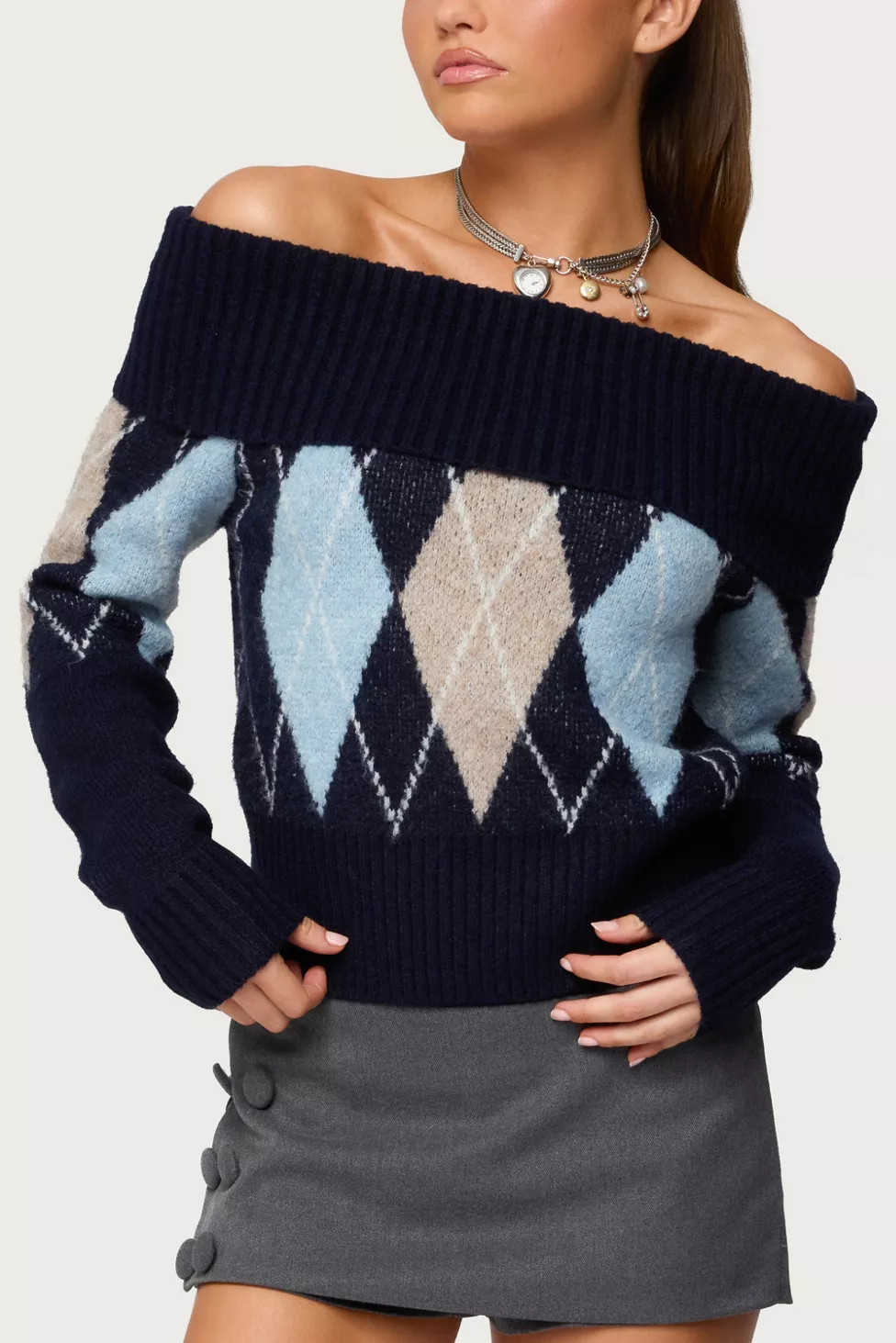 Edikted Jakarie Argyle Foldover Sweater | Urban Outfitters (US and RoW)
