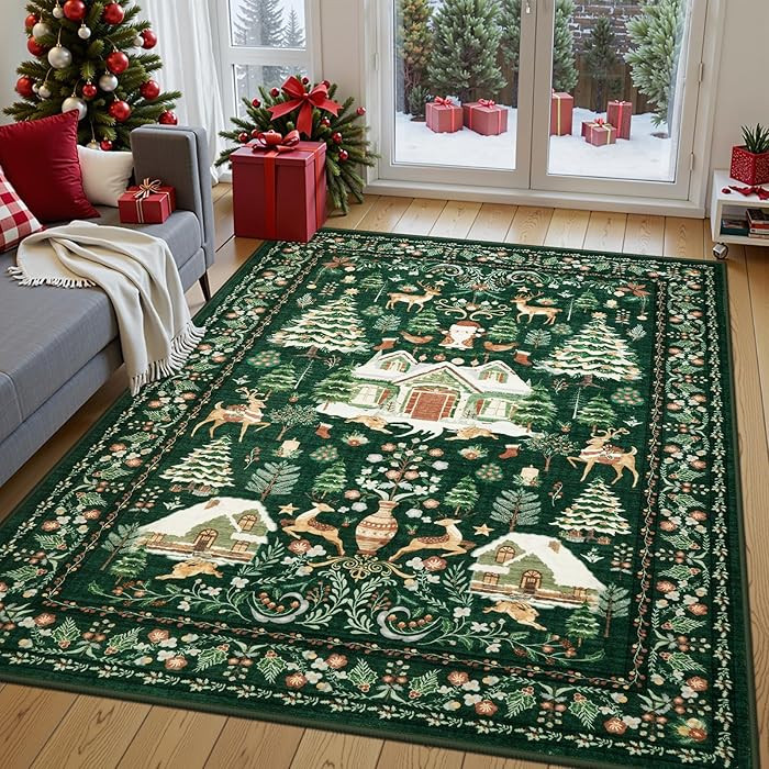 LIVEBOX Christmas Washable Rugs for Living Room 5x7 - Non-Slip Soft Vintage Green Area Rug, Chris... | Amazon (US)