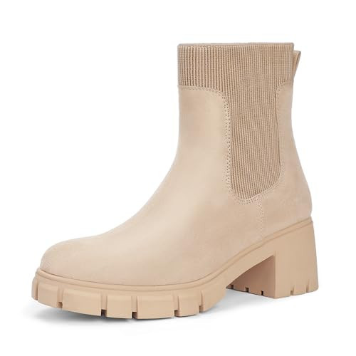 IDIFU Women's Chelsea Boots Nude Slip On Platform Ankle Booties with Lug Sole Chunky Block Comfort Shoes(Nude, 6.5) | Amazon (US)