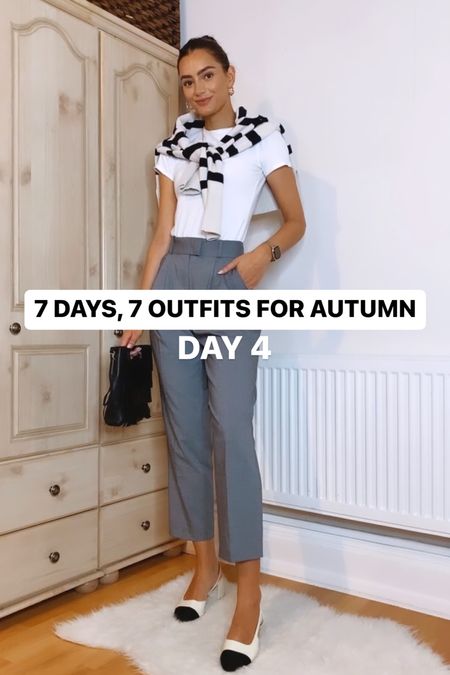 7 Days, 7 Outfits for Autumn: Day 4 🍂

White fitted tshirt, striped jumper, grey high waist trousers, black and white shoes, black fringe bag

#LTKSeasonal #LTKstyletip