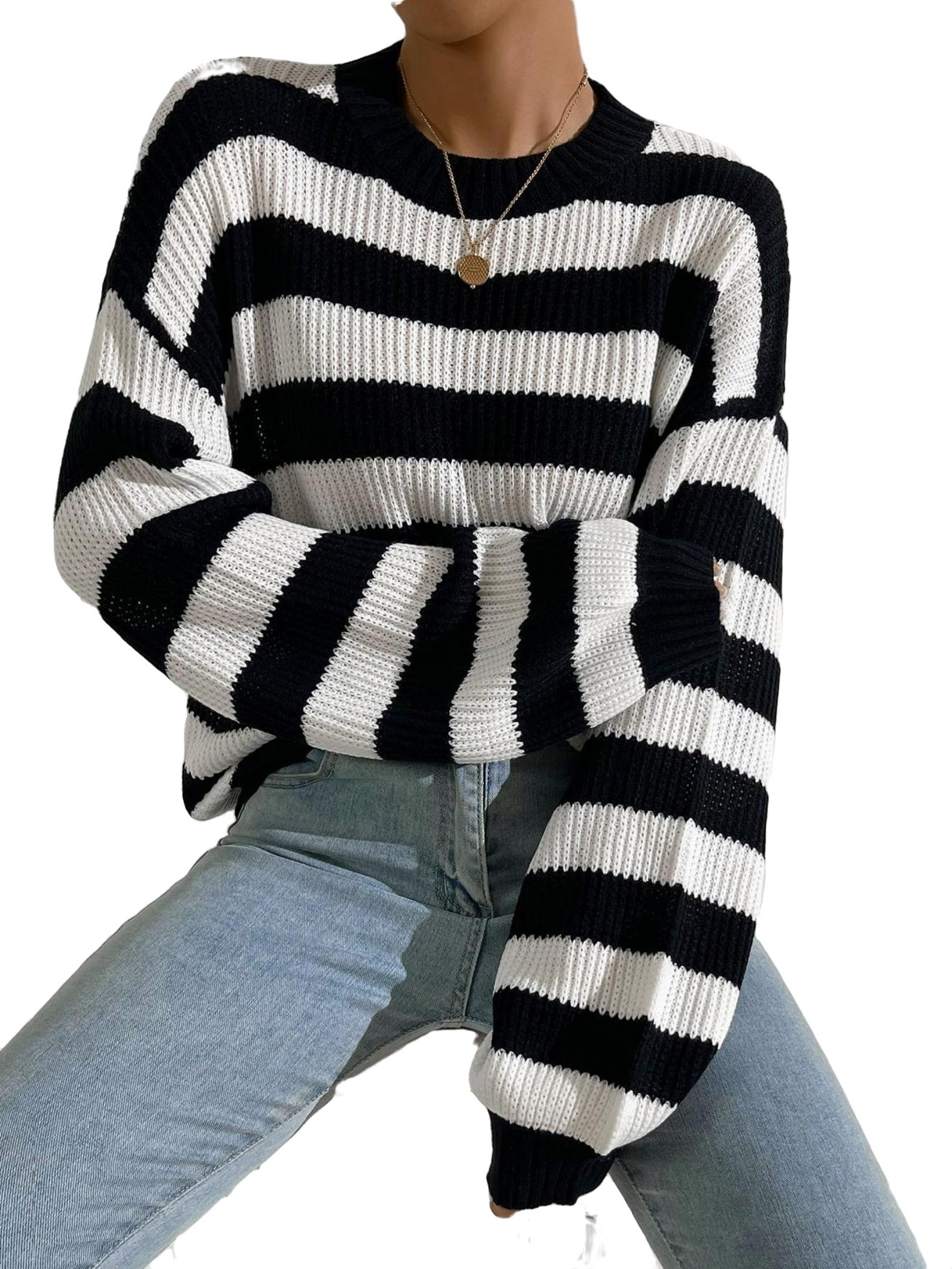 Casual Striped Round Neck Pullovers Long Sleeve Black and White Women Sweaters (Women's) - Walmar... | Walmart (US)