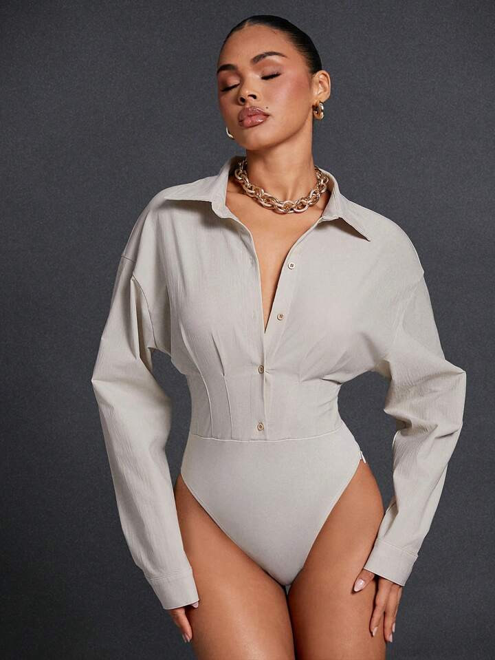 Hauture Button Down Collar Seam Detail Long Sleeve Bodysuit | SHEIN
