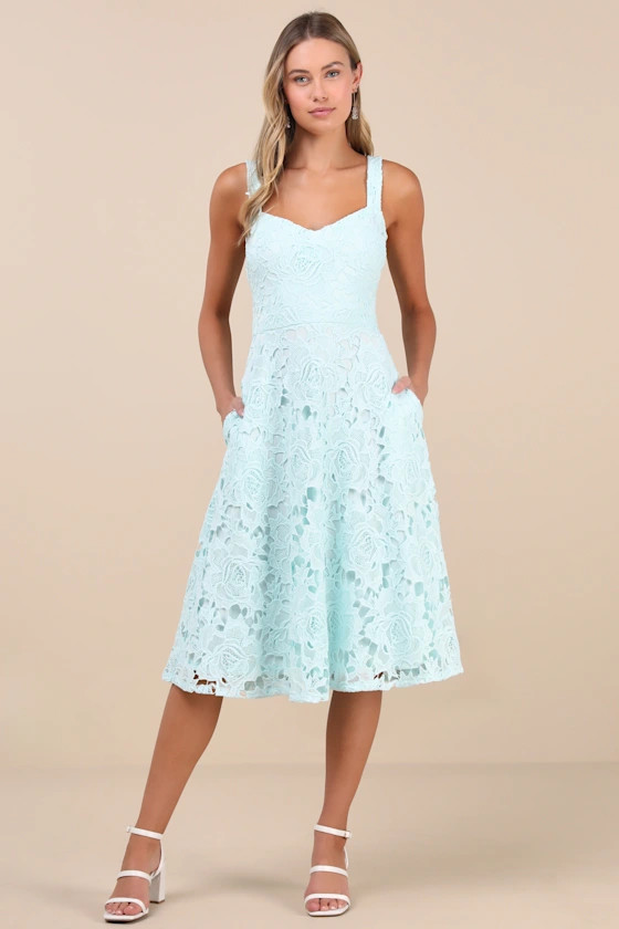 Divine Beauty Mint Blue Lace Midi Dress With Pockets | Lulus