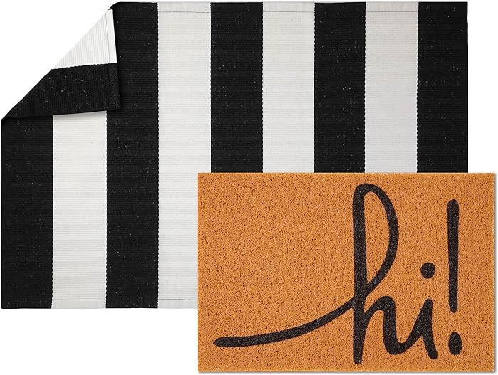 2 Pcs Hi Doormat 24'' x 35'' Black White Stirpes Outdoor Rug and 24'' x 16'' Coir Doormat Welcome... | Amazon (US)
