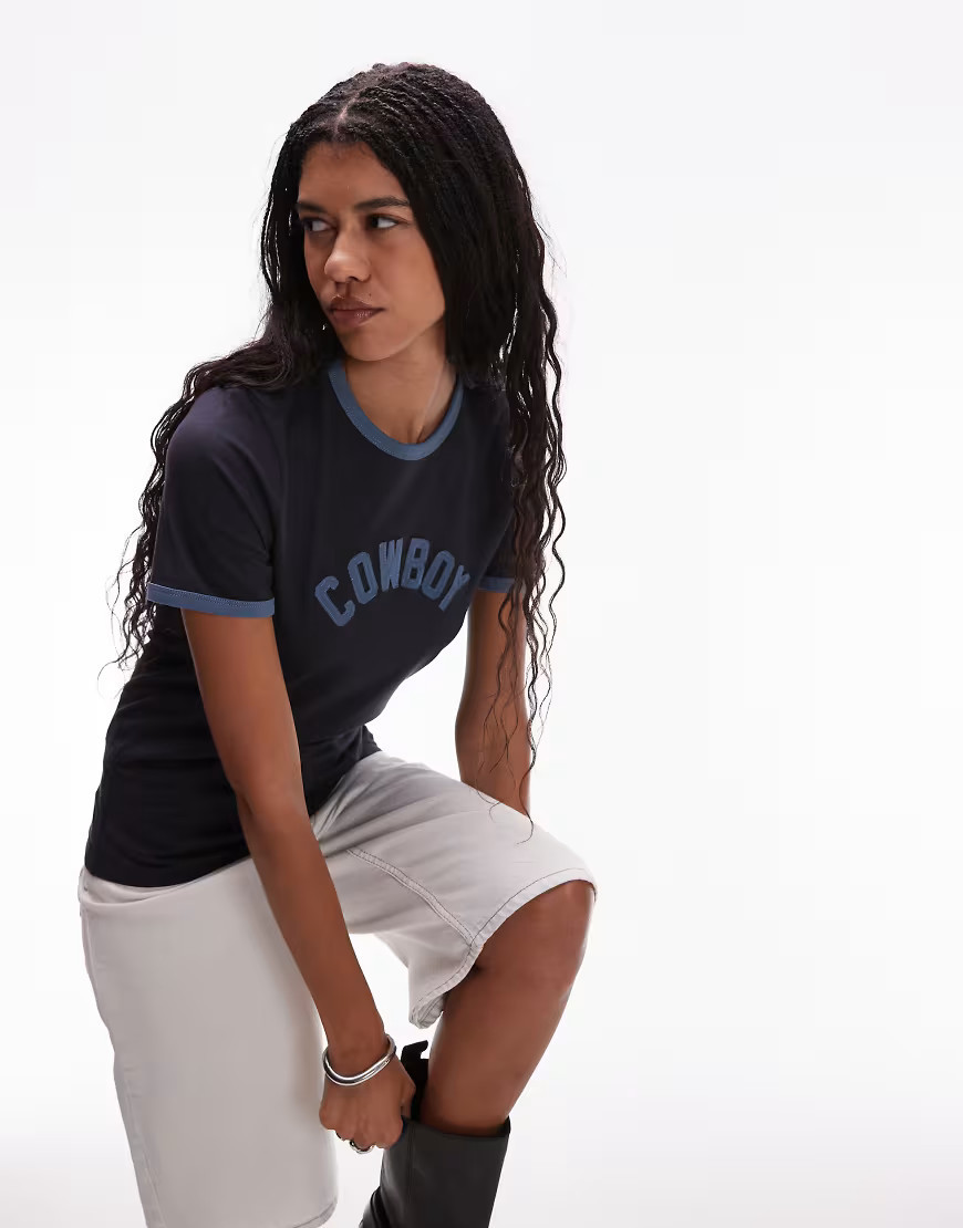 Wrangler cowboy slogan ringer t-shirt in navy | ASOS (Global)