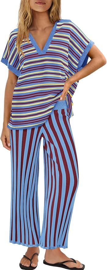 ReachMe Womens 2 Piece Lounge Sets Striped Short Sleeve Tops Wide Leg Cropped Pants Sweater Sets ... | Amazon (US)