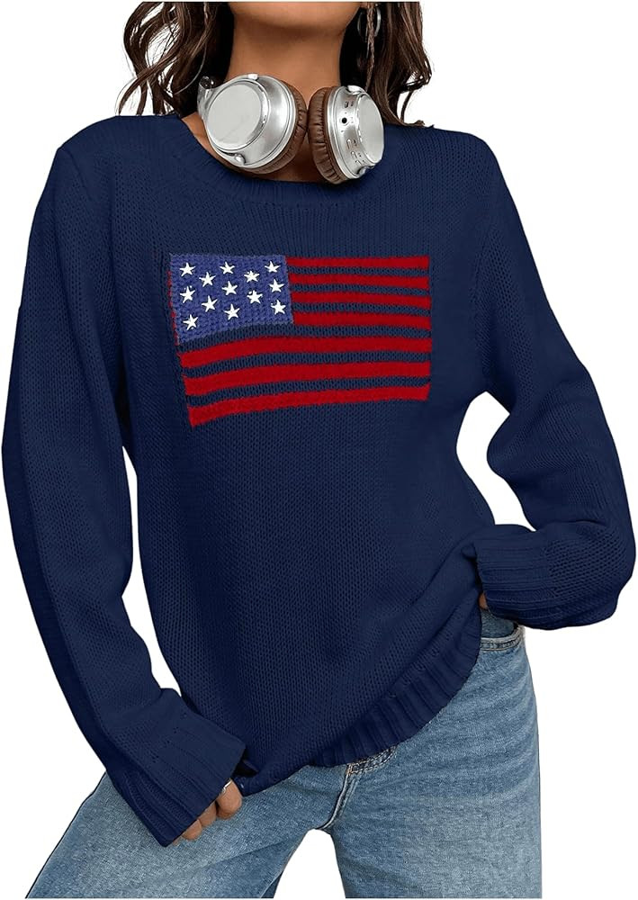 GORGLITTER Women's American Flag Graphic Long Sleeve Sweater Knit Round Neck Pullover Top Apricot... | Amazon (US)