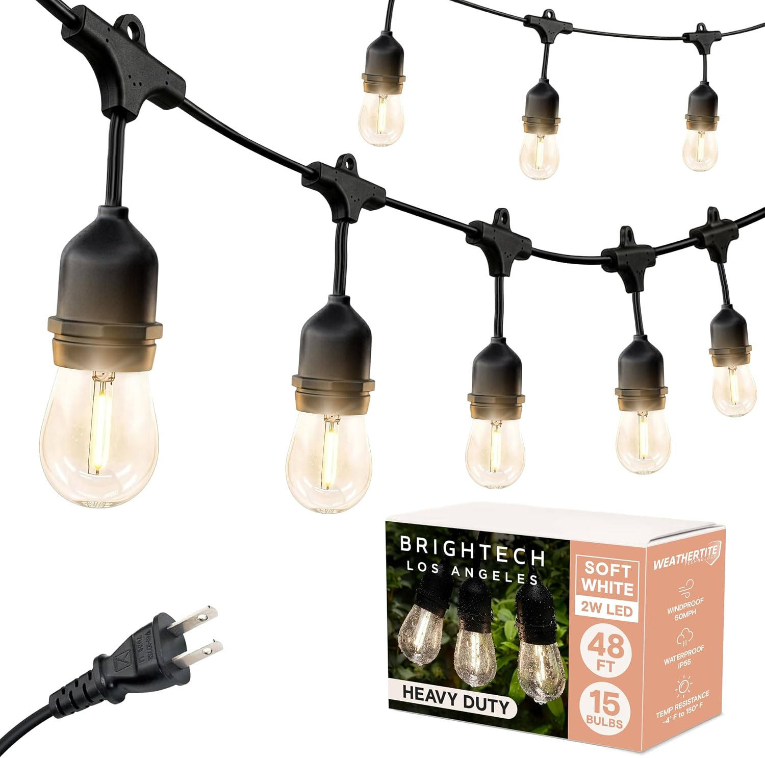 Brightech Ambience Pro LED Outdoor String Lights - Commercial Grade Waterproof Patio Lights with 48 Ft Dimmable Edison Bulbs, Porch String Lights for Patio, Backyard - 15 Bulbs 2W Soft White | Amazon (US)