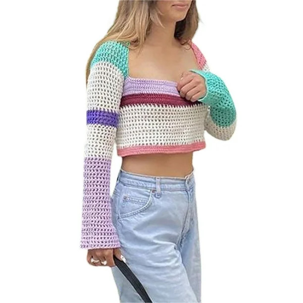 JBEELATE Women Y2K Crochet Kint Tops Color Block Long Sleeve Crop Tops Hollow Out Square Neck Swe... | Walmart (US)