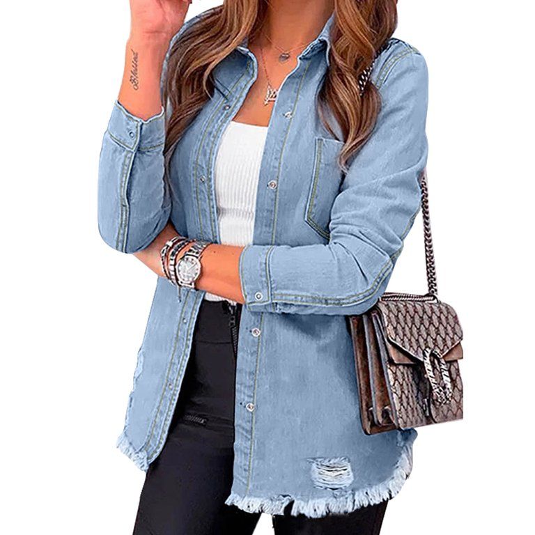 Chase Secret Women Button Denim Jacket Distressed Ripped Long Sleeve Jean Coat Petite - Walmart.c... | Walmart (US)
