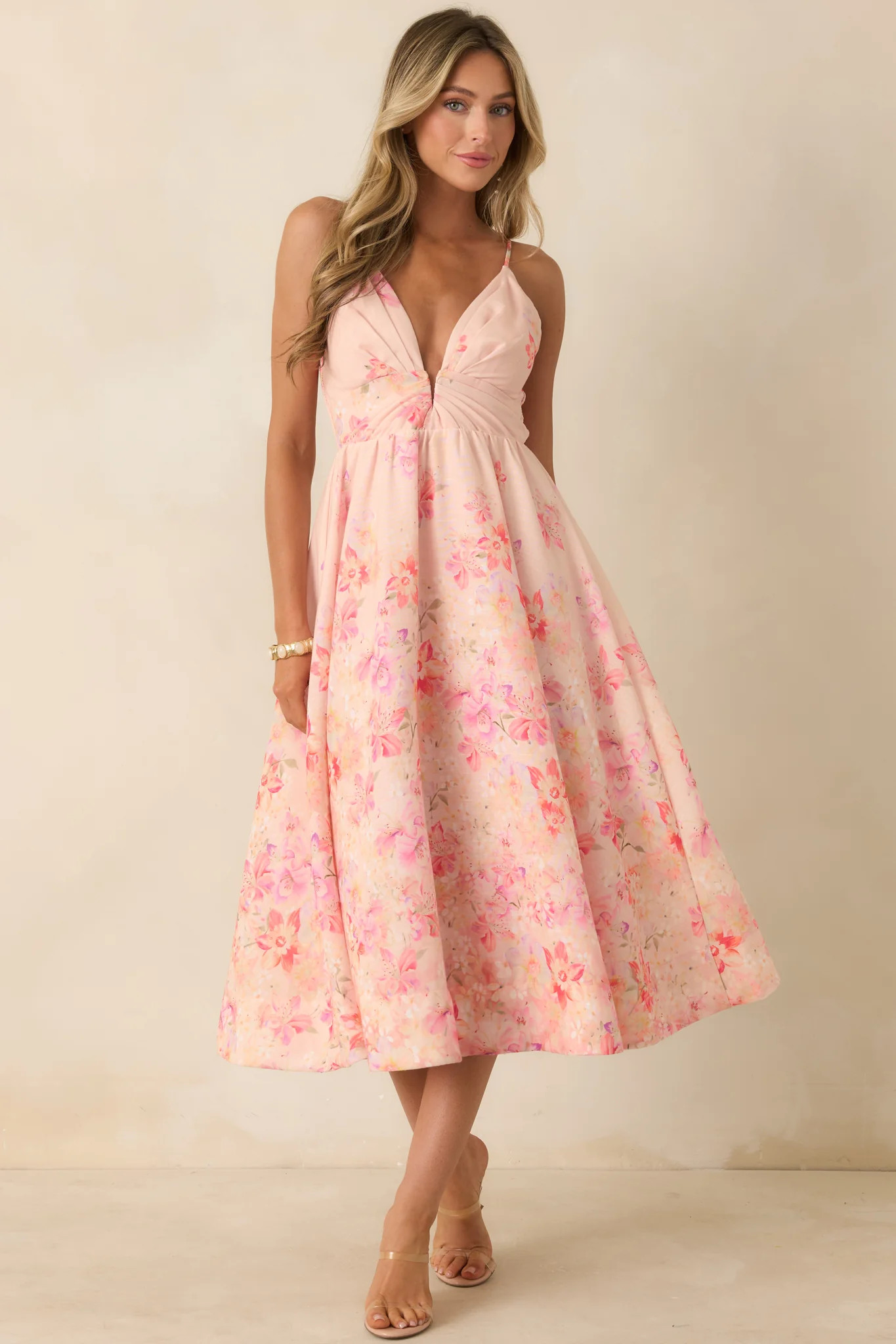 ASTR The Label Janna Pink Floral Midi Dress | Red Dress