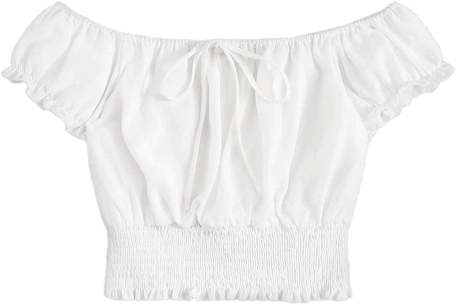 Floerns Women's Off The Shoulder Tie Neck Blouse Shirred Crop Top | Amazon (US)