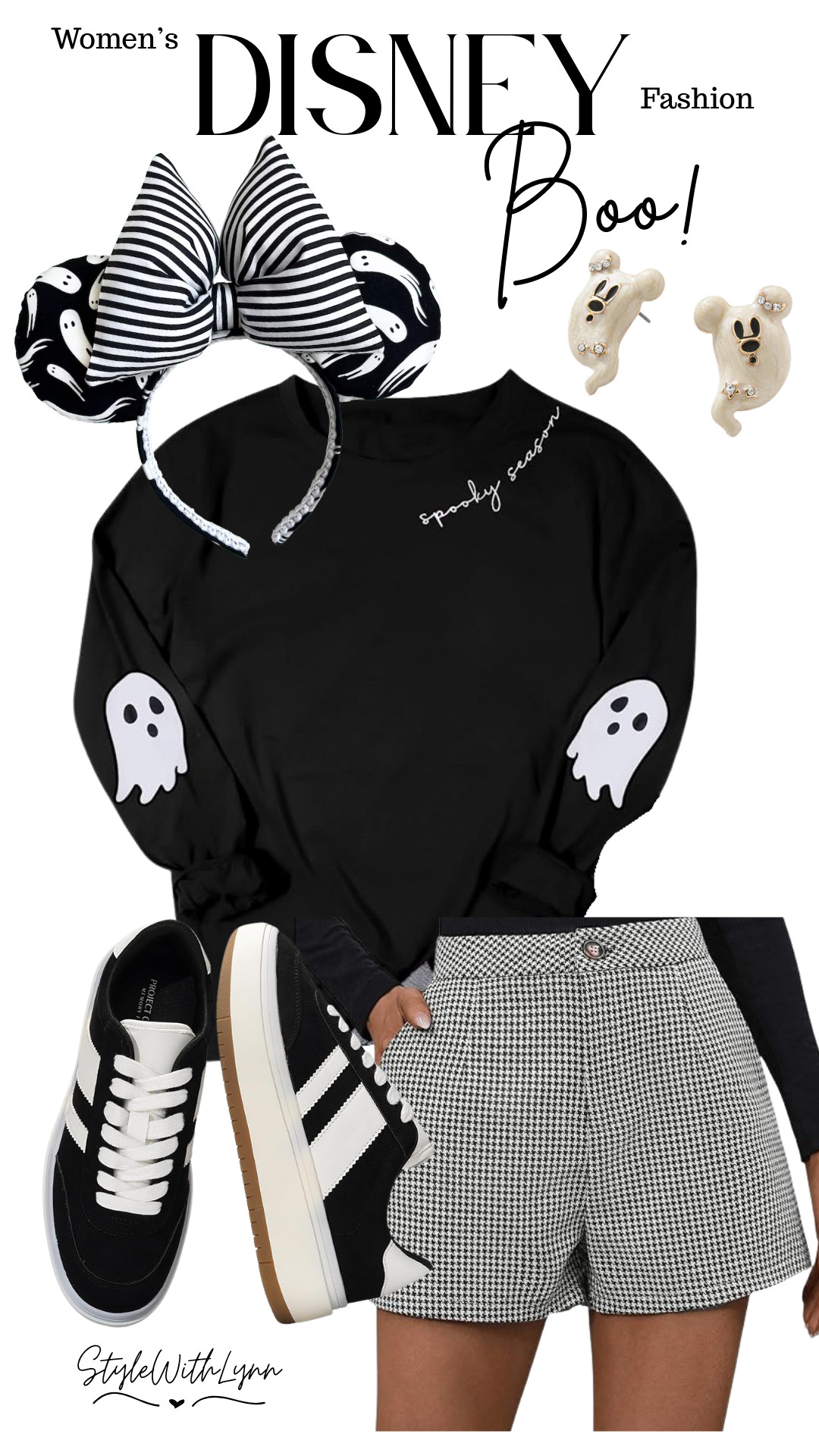 Such a fun and cute look for Halloween at Disney.  The cutest light-weight sweatshirt with 'Spooky Season' written around the neck and ghost on the elbows.  Pair with some classic houndstooth shorts and fun mouse ears and you have a great look for Mickey's Not-So-Scary Halloween party or any other Halloween event you have coming up.

**Reviews are indicating it may run small, so size up for a roomier fit.

Disney inspired women’s outfits | Cute Disney park outfits | Disney trip outfits for women | Disney World Halloween outfit ideas for women | Disney vacation outfits for women | What to wear to Disney World women  

 #LTKSeasonal #LTKFindsUnder50 #LTKStyleTip