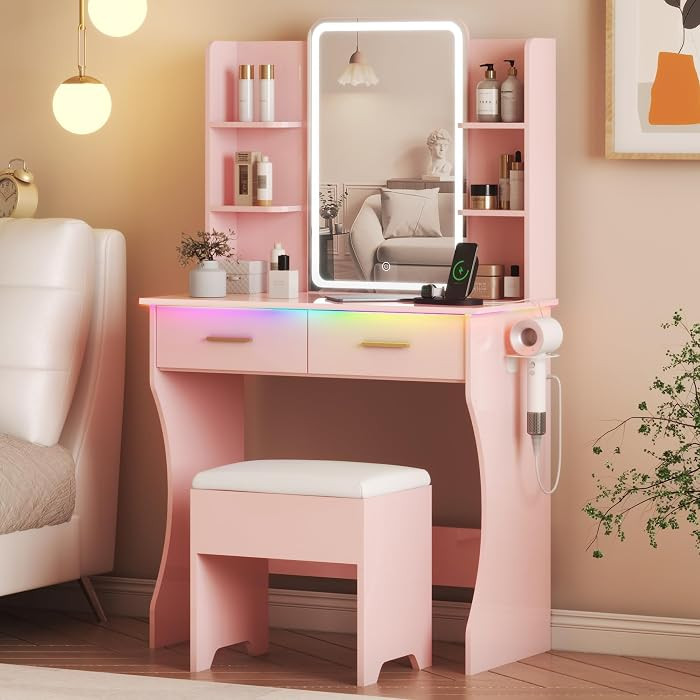 Vanity Desk with LED Lights Mirror & Power Outlet, Small Makeup Vanity Table Set with Storage Dra... | Amazon (US)