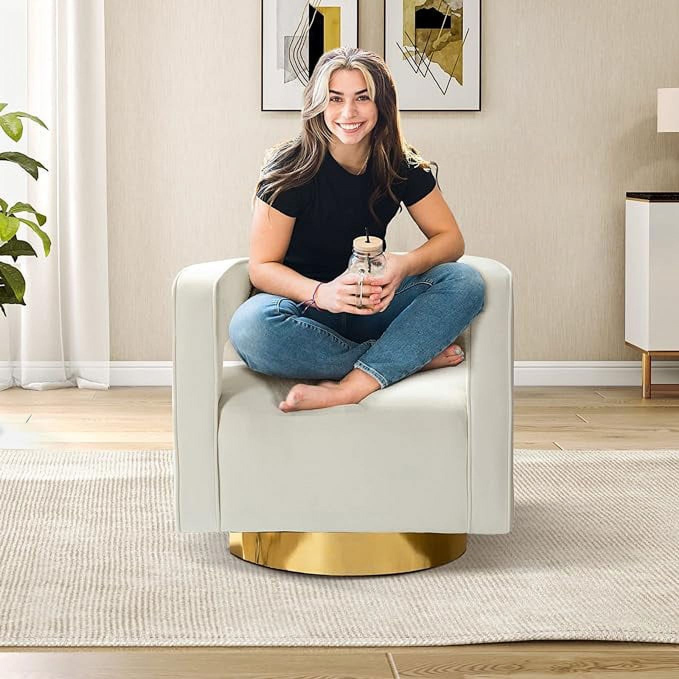 Velvet 360 Swivel Club Chair Accent Barrel Tub 3D Curved Open Back Gold Metal Base Home Bedroom L... | Walmart (US)