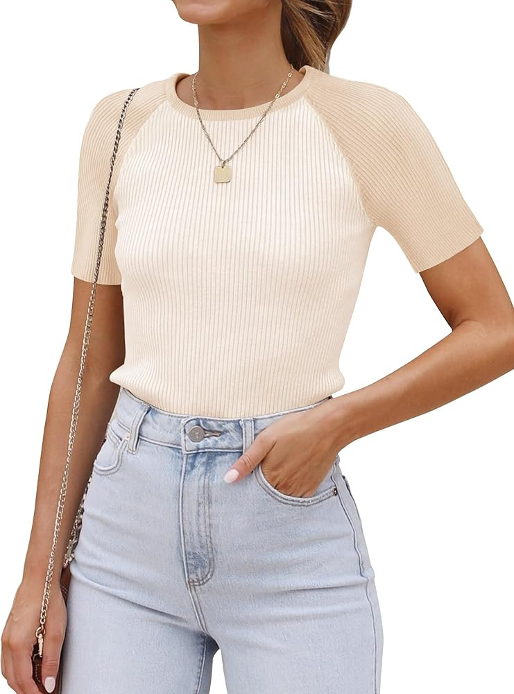 ZESICA Women's Short Sleeve Ribbed Color Block Tops Summer Crewneck Knit T Shirts | Amazon (US)