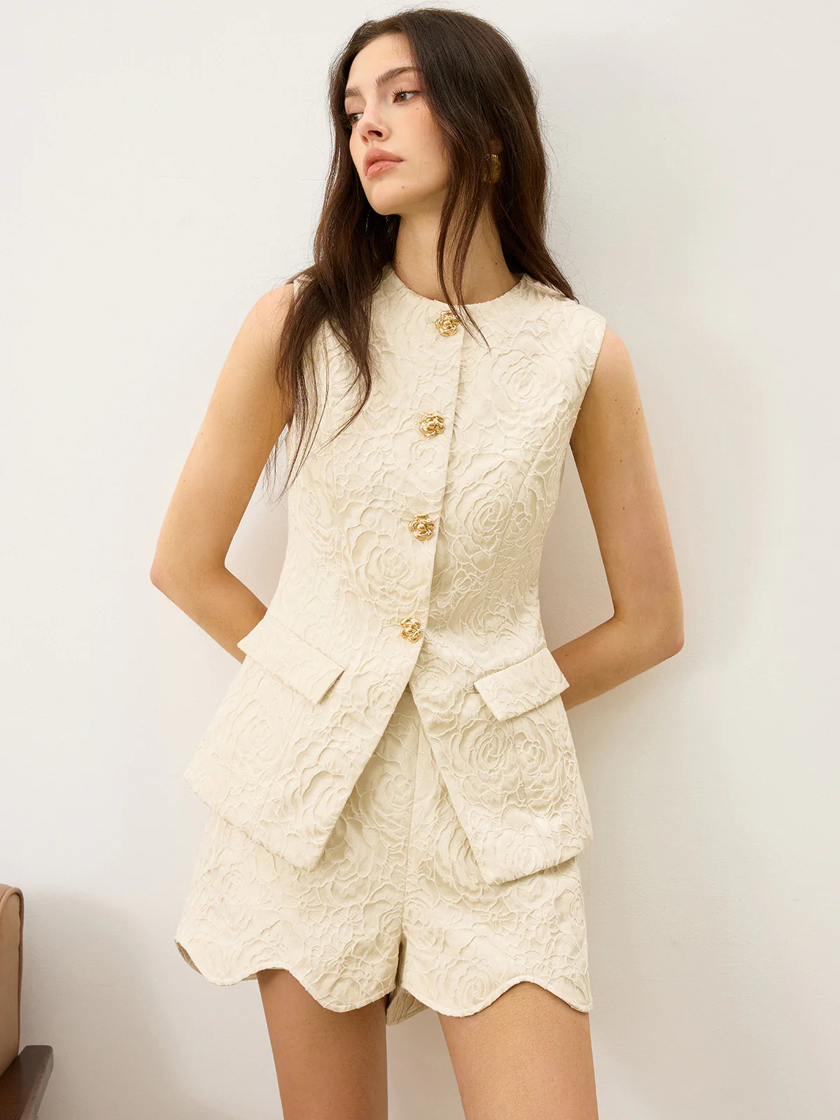 Textured Jacquard Vest with Metal Button | Commense