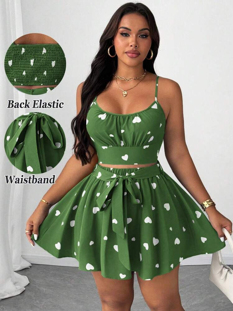 Sunnyshic Plus Size Women Elegant Heart Print Spaghetti Strap Back Lace-Up Waistband A-Line Hem Skirt, Vacation, Party, Music Festival, Spring/Summer, Versatile Design 2-Piece Set | SHEIN