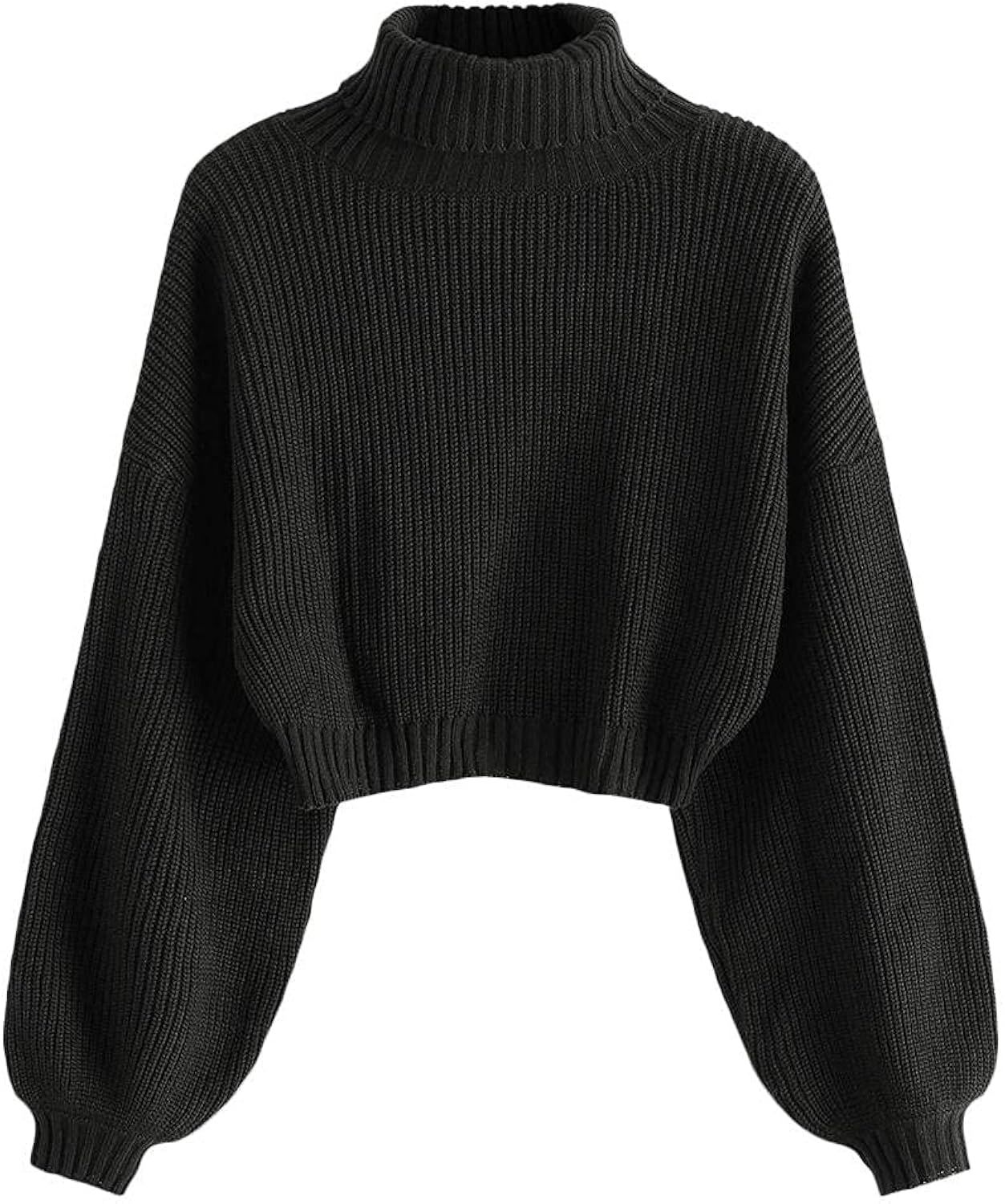 ZAFUL Women's Crew Neck Long Sleeve Pullover Crop Sweater Mock Neck Lantern Sleeve Ribbed Knit Jumpe | Amazon (US)