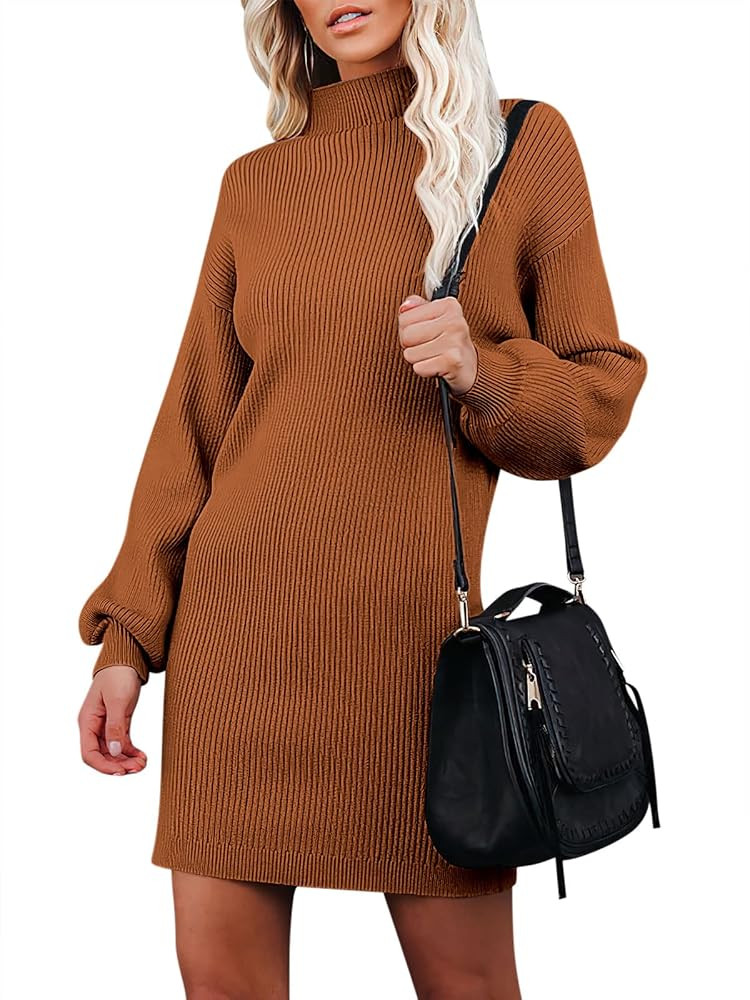 Caracilia Women's Turtleneck Sweater Dress Puff Long Sleeve Ribbed Knit Mini Dress | Amazon (US)