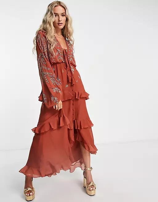 ASOS DESIGN soft maxi dress with button front and trailing floral embellishment in rust | ASOS (Global)
