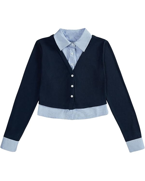 MakeMeChic Women's Striped Print Rib Knitted Long Sleeve Collar Neck Button Down Shirt Blouse Top... | Amazon (US)