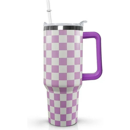 40 Oz Checkered Tumbler with Handle Lid and Straw, Purple Checkered Tumbler Water Bottle Travel Coffee Cup Mug,Checkered Gifts for Women | Walmart (US)