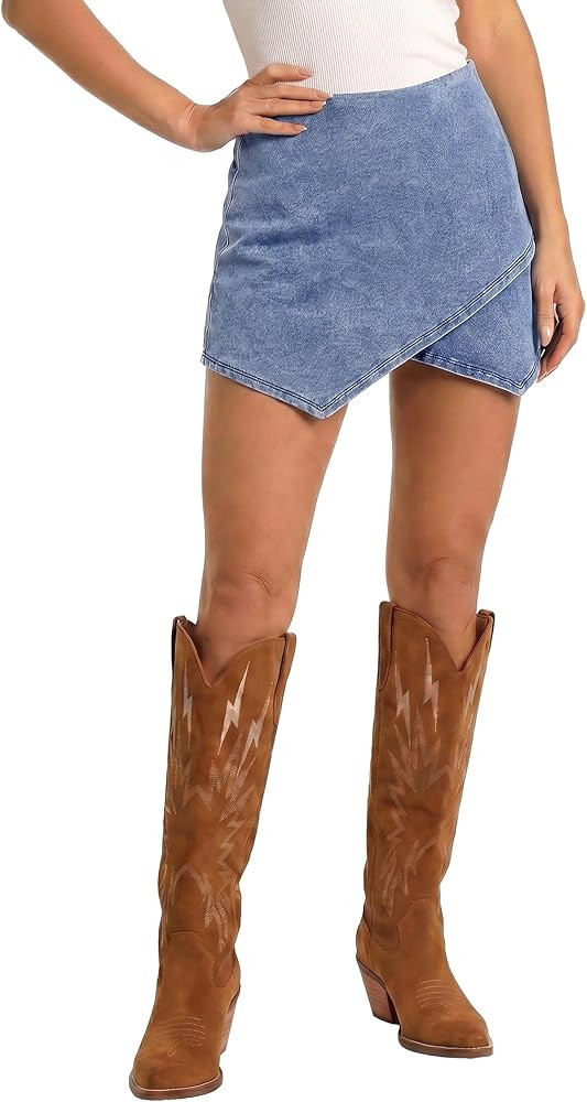 luvamia Jean Skorts for Woman High Waisted Pull On Stretchy Denim Wrap Skirt with Shorts Trendy A... | Amazon (US)