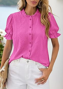 PRETTYGARDEN Womens Puff Short Sleeve Tops 2026 Summer Spring Button Down Boho Embroidered Cute B... | Amazon (US)