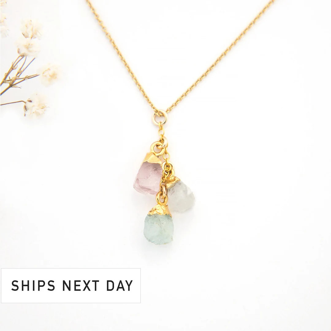 Custom Raw Birthstone Cascade Necklace, Mother of 3, Christmas Gift, Natural Birthstone Necklace,... | Etsy (US)