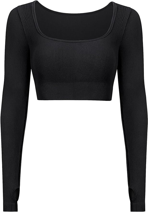 ZHENWEI Workout Tops for Women Long Sleeve Seamless Cute Crop Tops Ribbed Breathable Gym Tops(Bla... | Amazon (US)