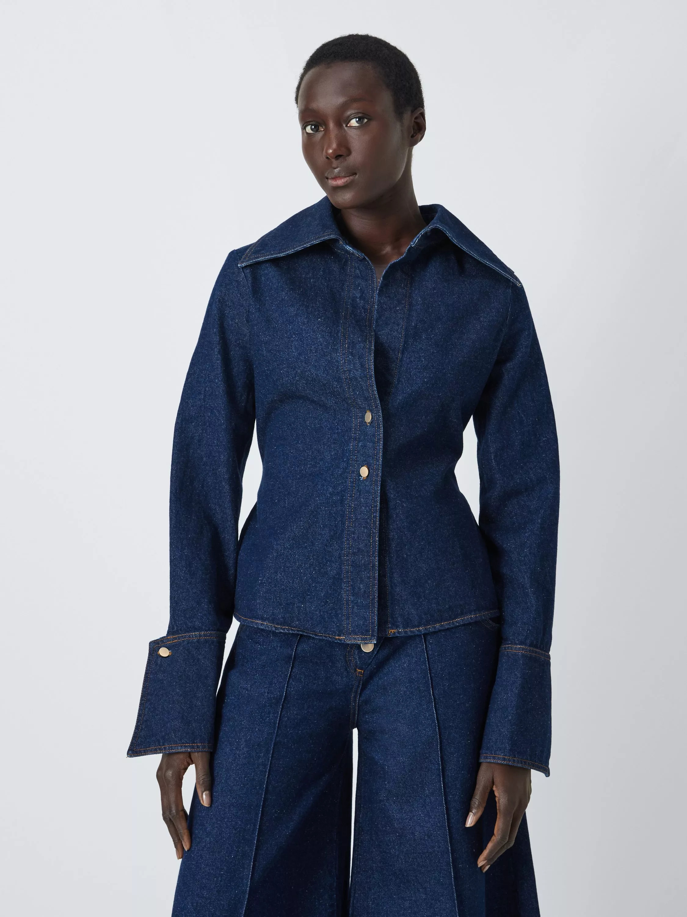 John Lewis x A.W.A.K.E. MODEFitted Belted Denim Shirt, Dark Rinse | John Lewis (UK)