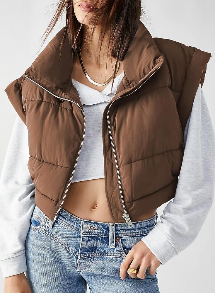 EVALESS Puffer Vest Women Cropped Lightweight Sleeveless Stand Collar Zip Up Jacket Winter Warm P... | Amazon (US)