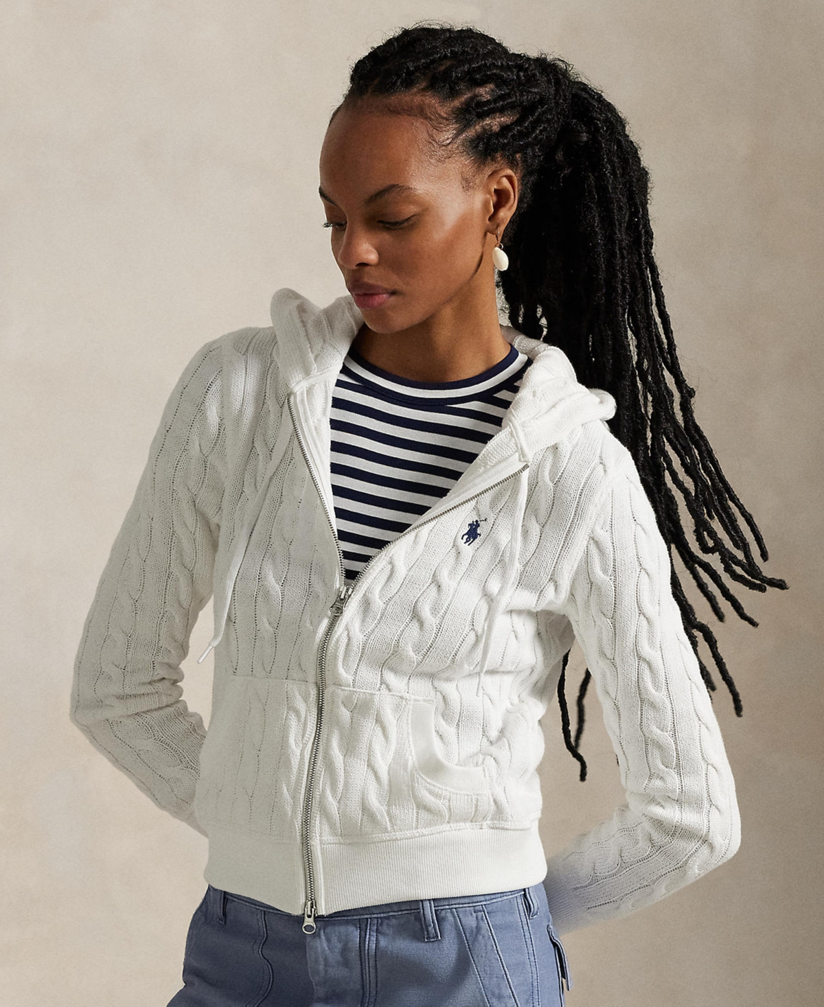 Polo Ralph Lauren Women's Cable-Knit Cotton Full-Zip Hoodie Sweater - White | Macy's