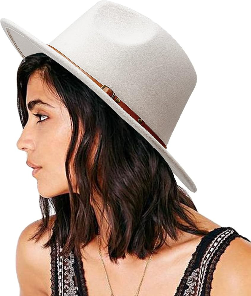 Women Belt Buckle Fedora Hat Classic Wide Brim Felt Panama Hat | Amazon (US)